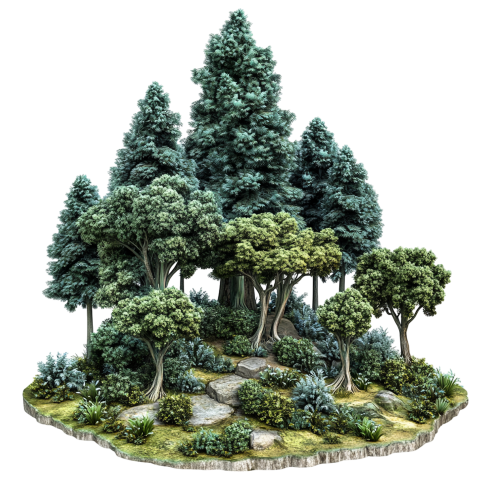 Lush green forest scene with tall trees png