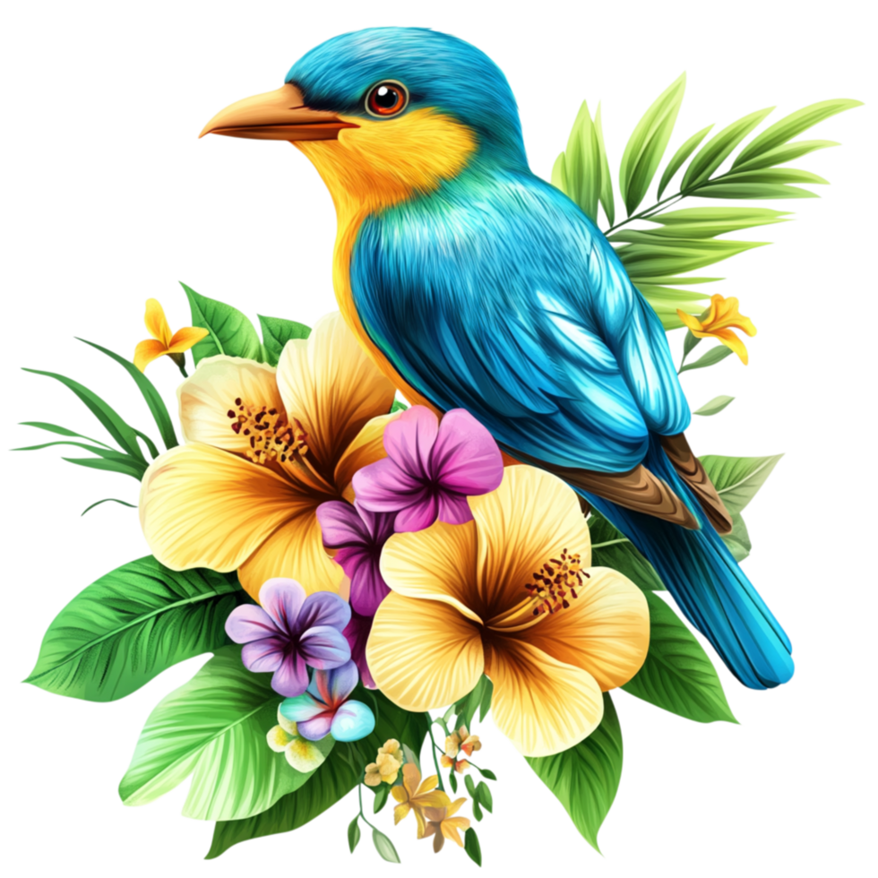 Elegant Blue bird Perched on Pink Hibiscus Flowers in a Lush Setting png