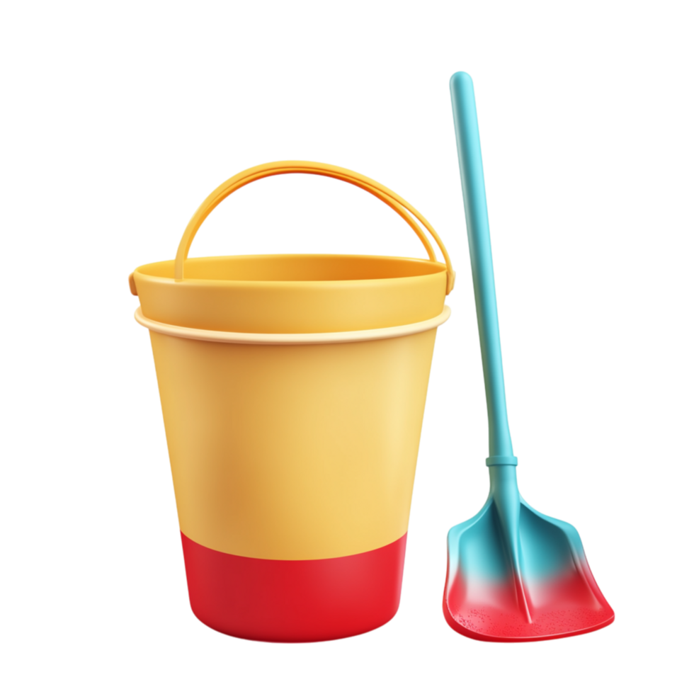 Yellow and Red Sand Bucket with Blue Shovel for Beach and Sandbox Play png