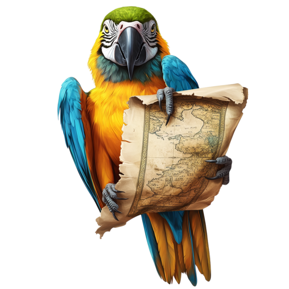 Blue and Yellow Macaw Parrot Holding an Old Treasure Map png