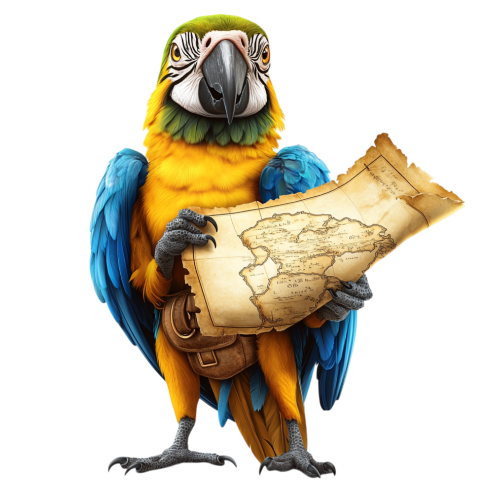 Colorful Macaw Parrot Standing with a Vintage Pirate Map png