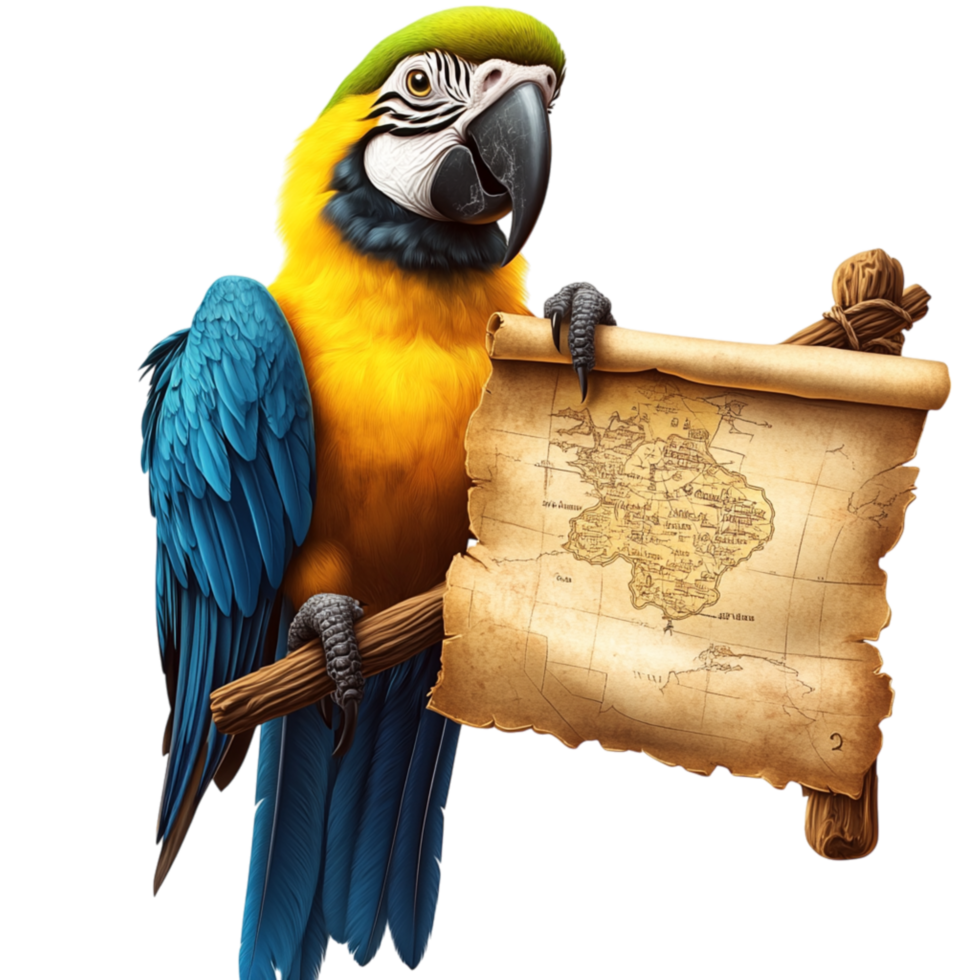 Majestic Blue and Yellow Parrot Holding an Aged Scroll Map png