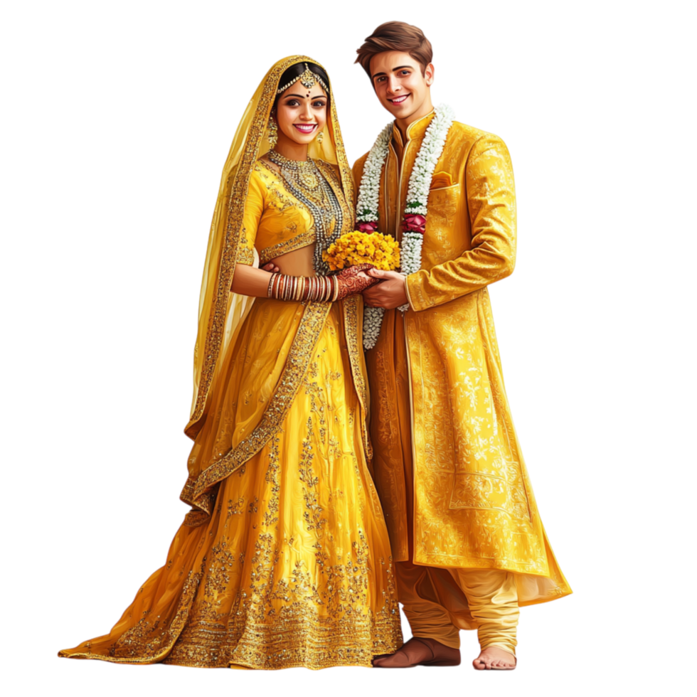 Indian Bride and Groom in Traditional Golden Wedding Attire Standing Together png