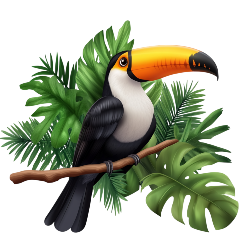 Tropical Toucan Bird Resting on a Branch with Large Green Leaves in the png