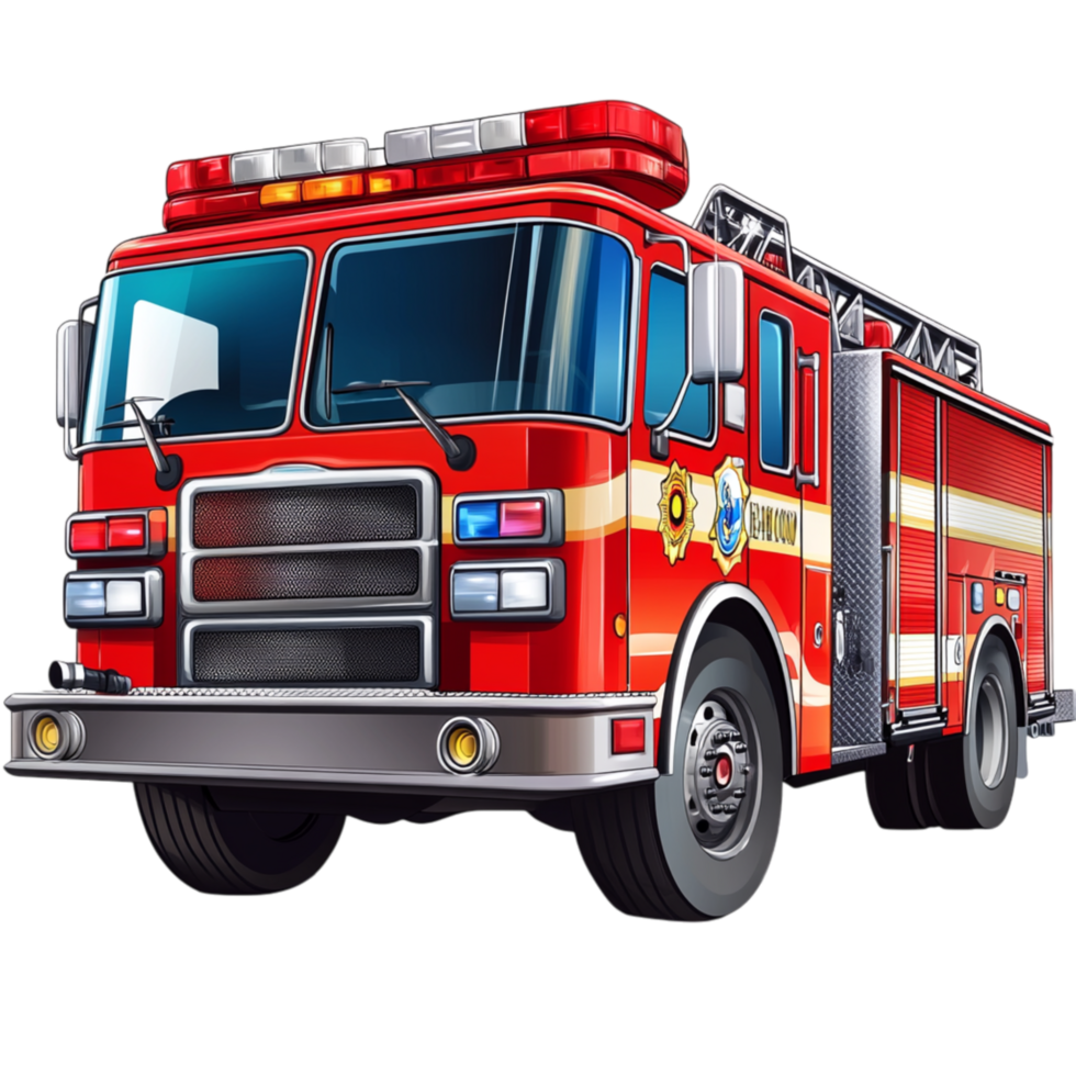 Powerful Fire Engine with Shiny Red Exterior and Rescue Tools png