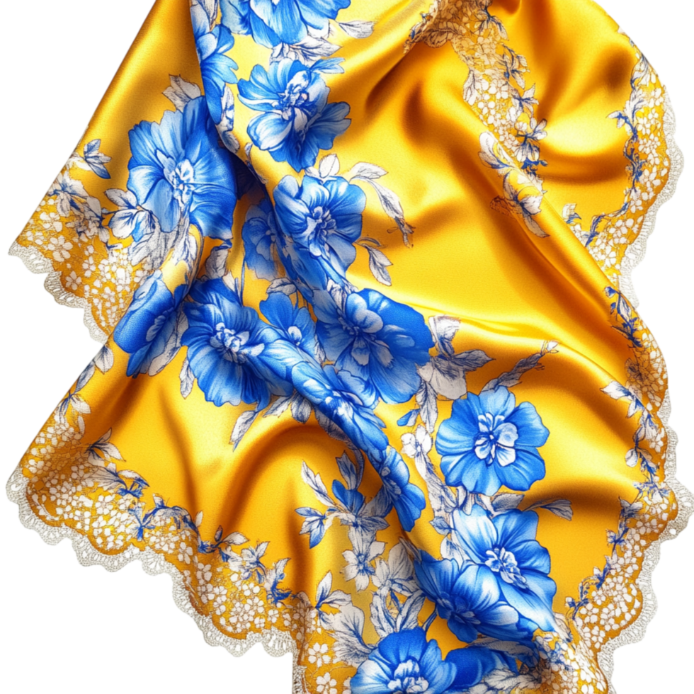 Luxurious Golden Silk Fabric with Elegant Blue Floral Embroidery and Lace Detailing png