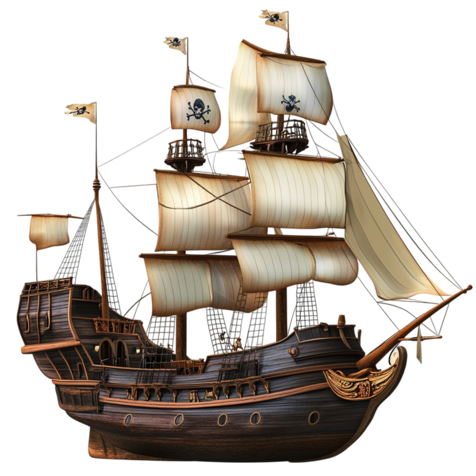 Historical Wooden Galleon with Multiple Masts and Detailed Rigging png