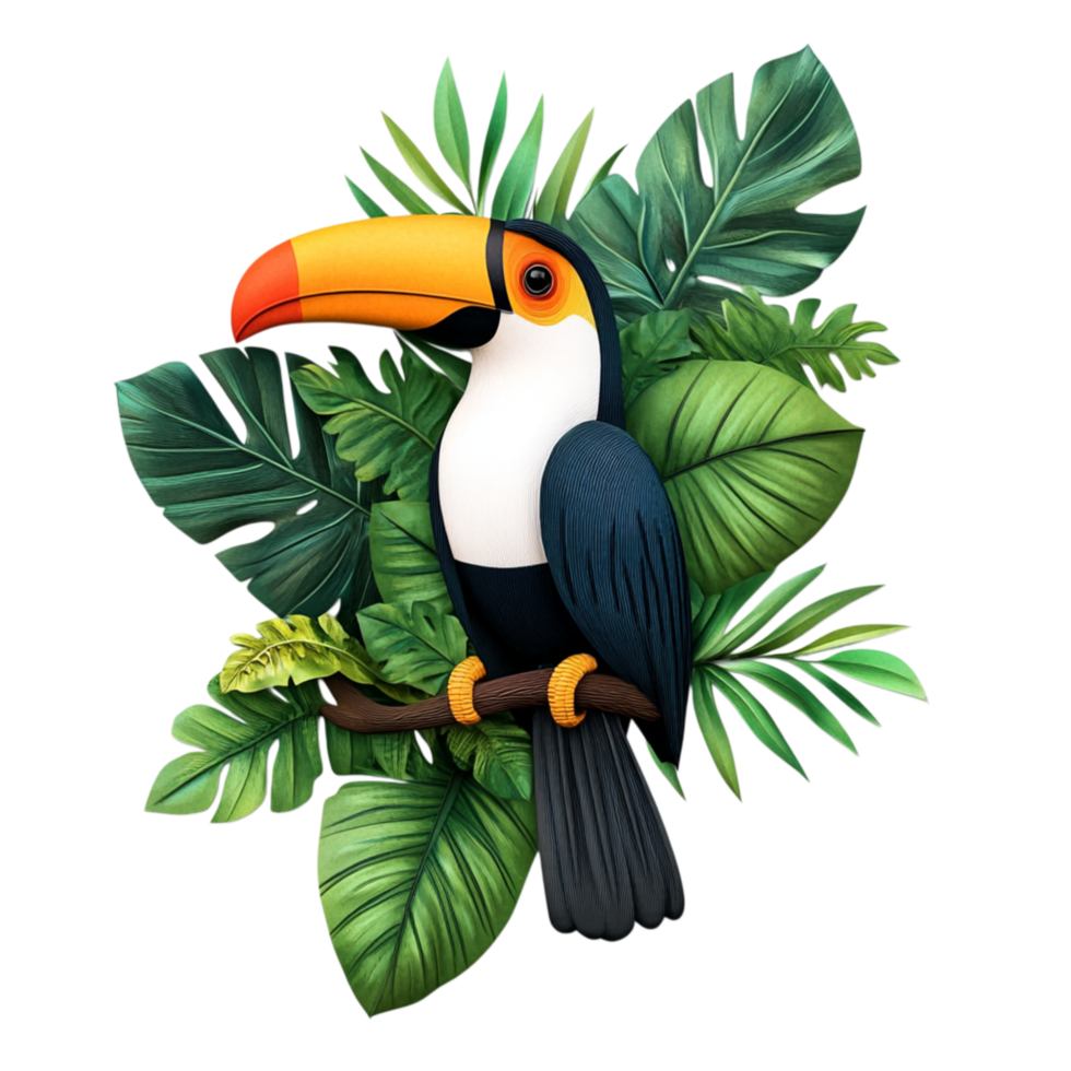 Colorful Toucan Bird Sitting on Lush Green Tropical Leaves in a Jungle Scene png