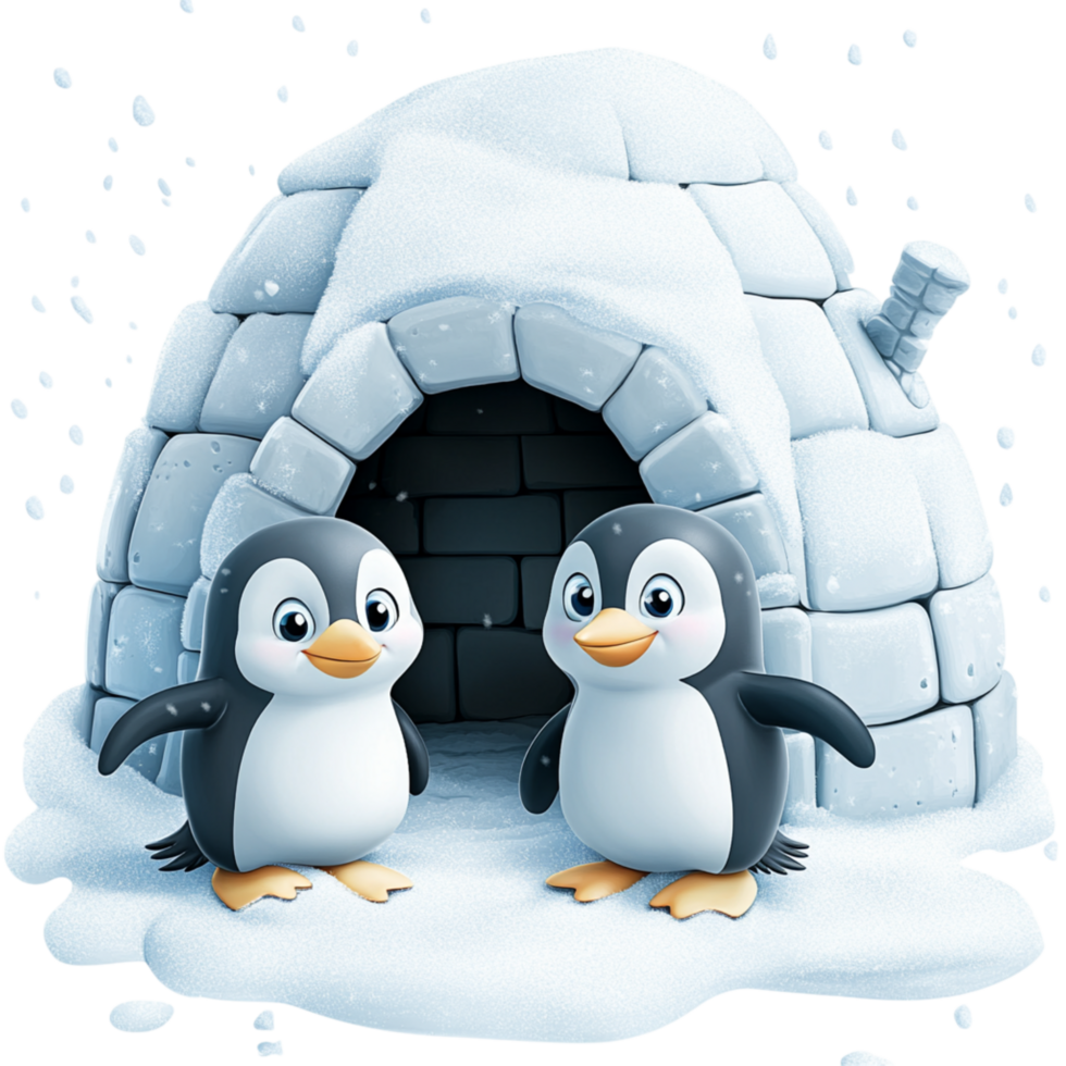 Cute Penguins Standing in Front of an Igloo in a Snowy Landscape png