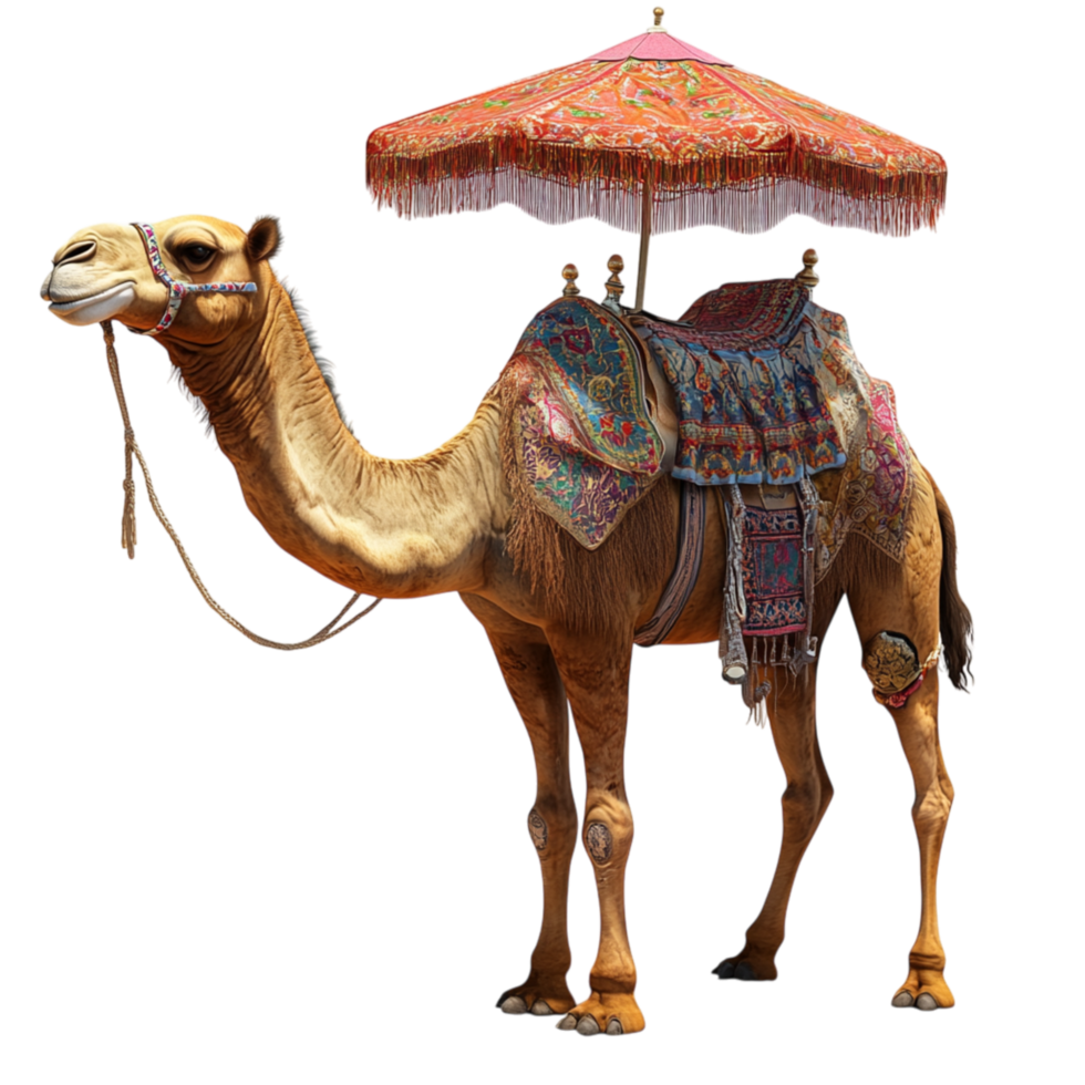 Decorated Camel with Traditional Saddle and Canopy for Desert Rides png