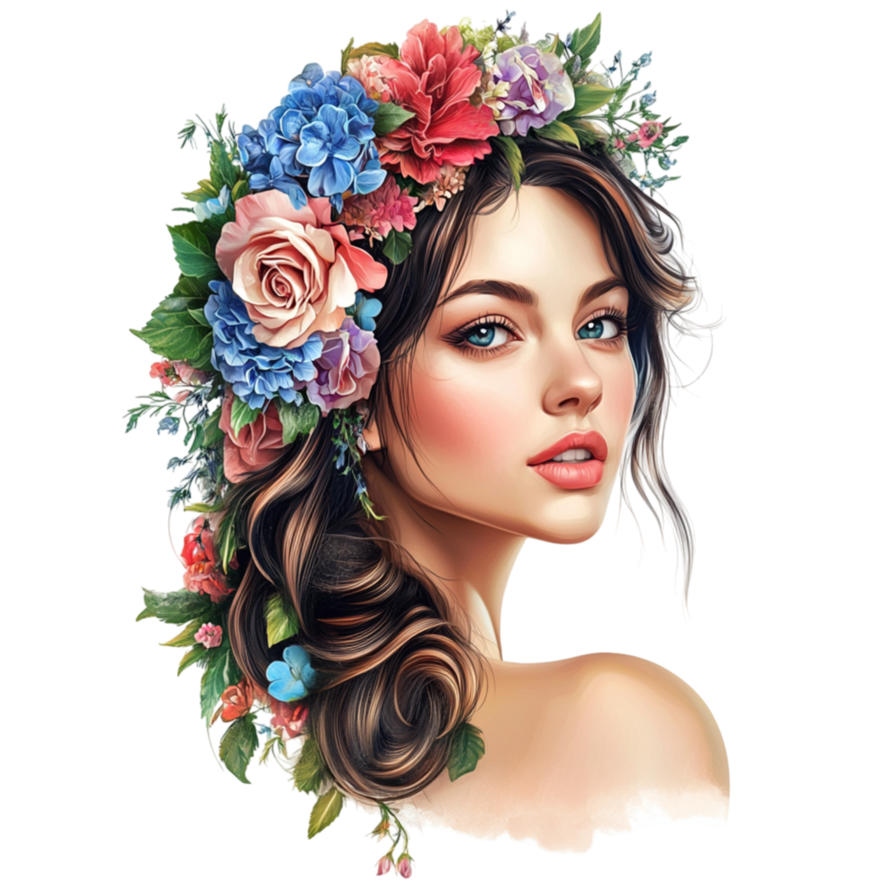Elegant Woman with Colorful Flower Crown and Soft Makeup png