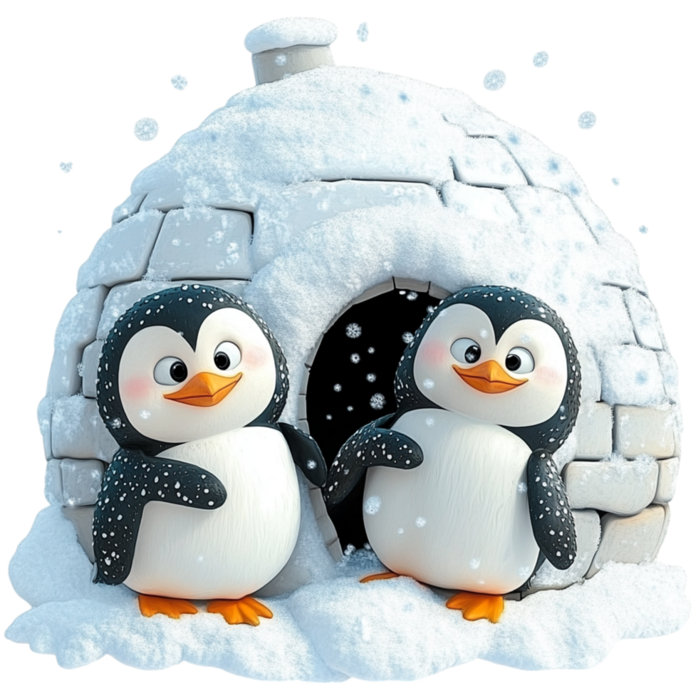 Happy Penguins Standing Together in Front of an Igloo in Winter Scene png