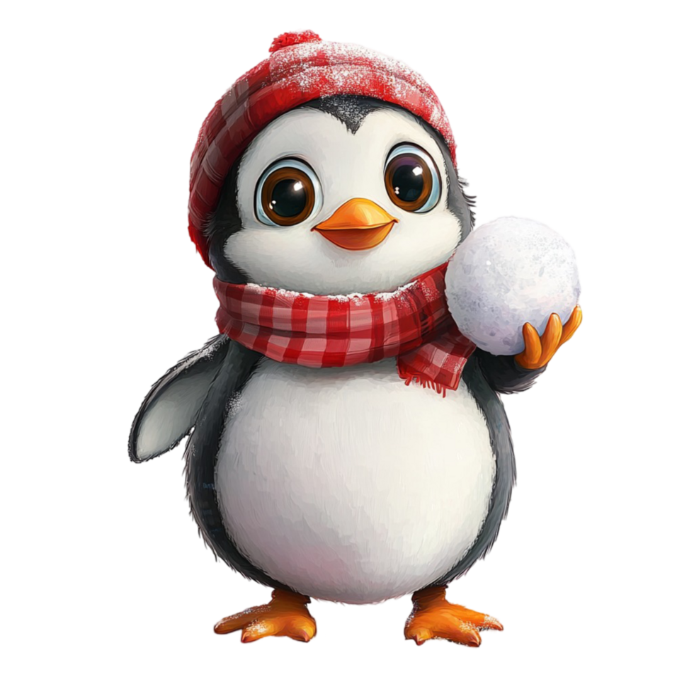 Cute Penguin in Red Winter Hat and Scarf Holding a Snowball png