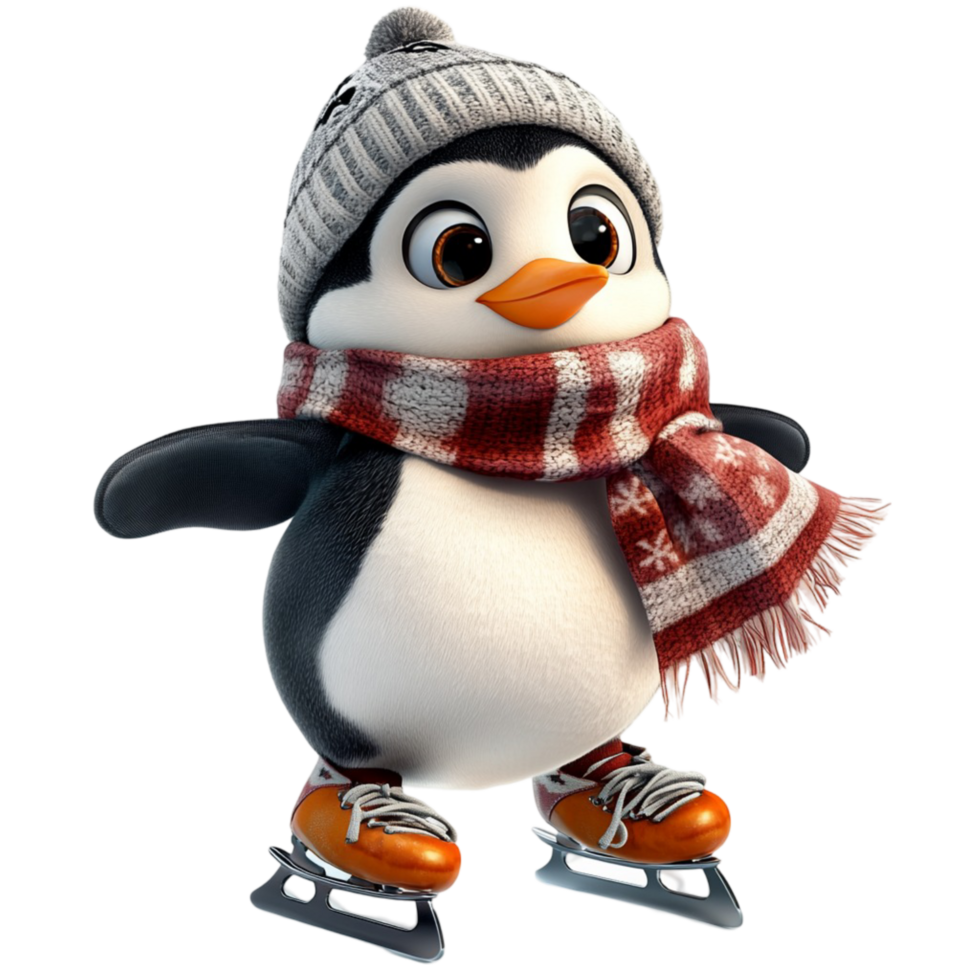 Adorable Penguin in a Gray Beanie and Scarf Ice Skating in Winter png