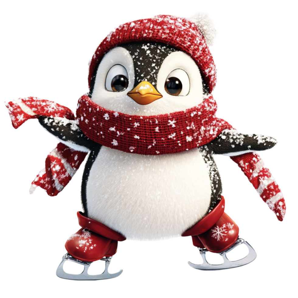 Happy Penguin in a Red Knitted Hat and Scarf Playing in the Snow png