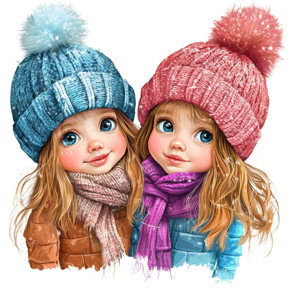 Charming Little Girls in Colorful Winter Hats and Scarves in Snow png