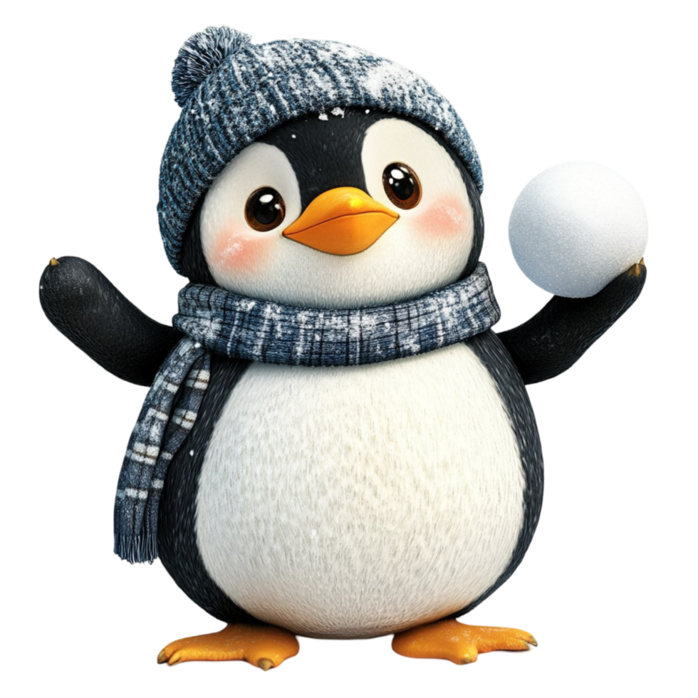 Cute Penguin in Blue Winter Hat and Scarf Holding a Snowball png