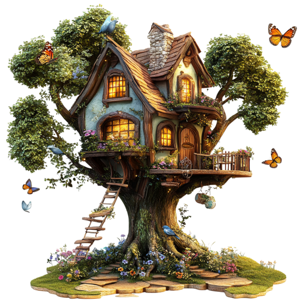 Fantasy Treehouse with Warm Lights Built Among Branches in a Whimsical Forest png