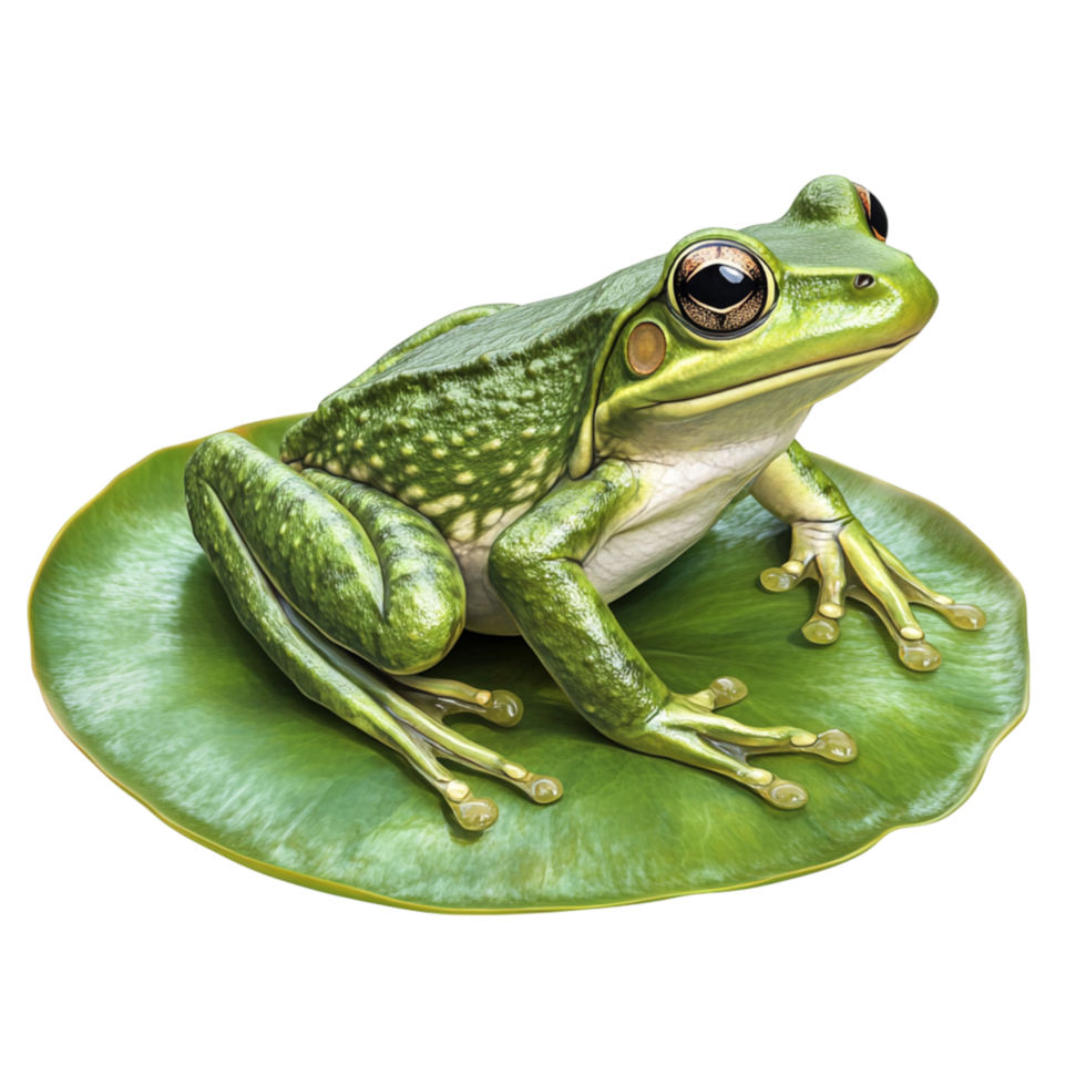 Beautiful Green Tree Frog Resting on a Floating Lily Leaf png