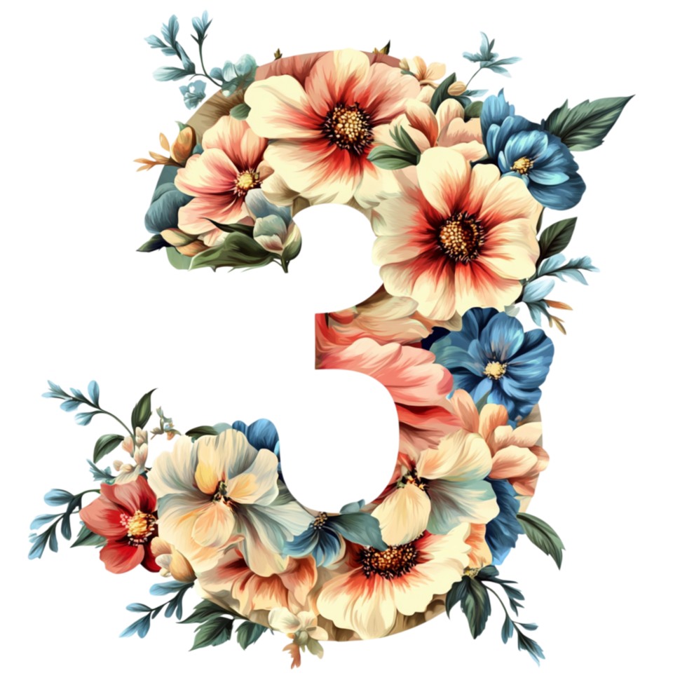 Elegant Floral Number Three with Colorful Vintage Flowers png