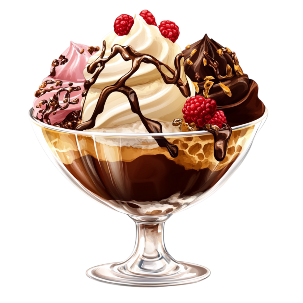 Gourmet Chocolate Ice Cream Sundae with Raspberries and Brownie Pieces png