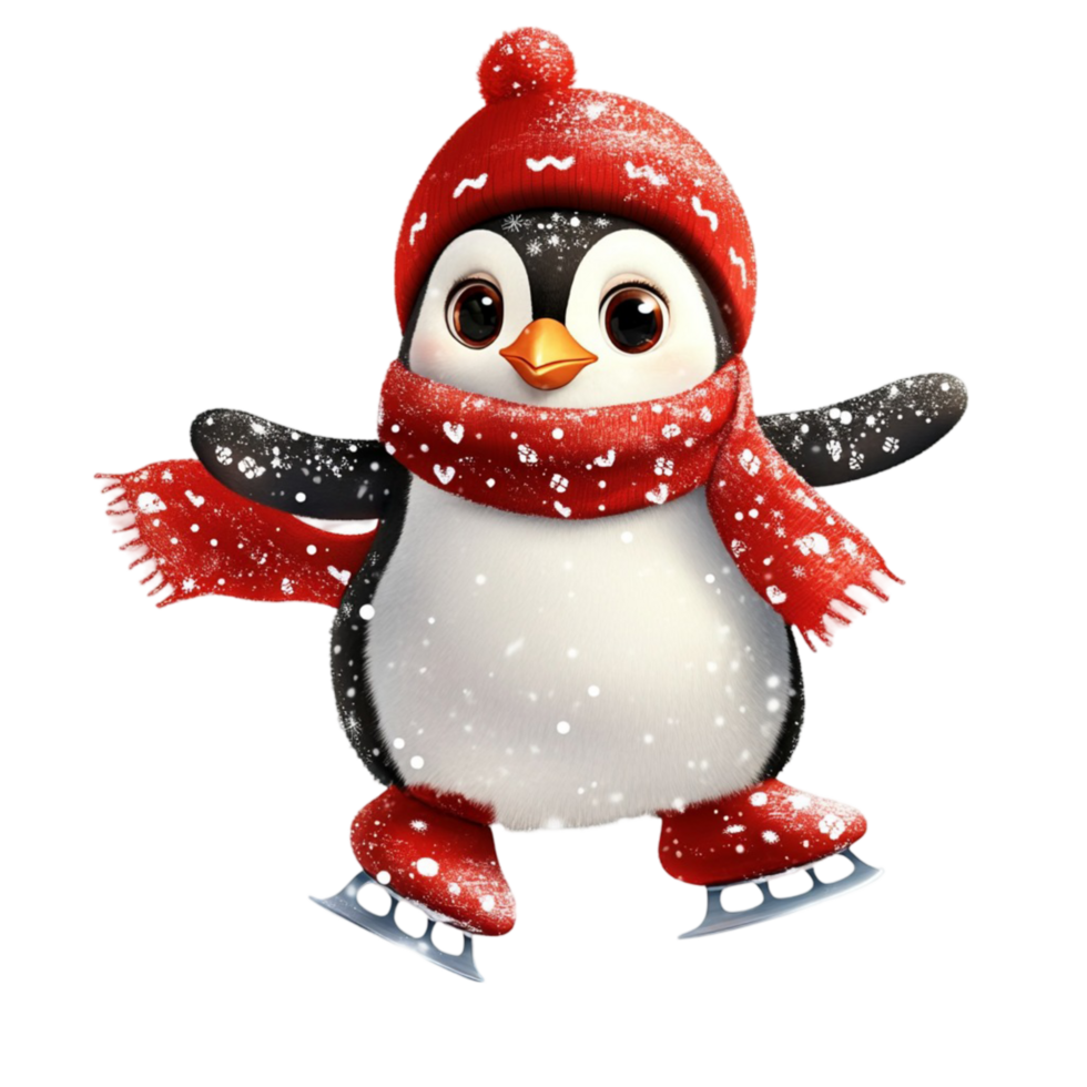 Cute Baby Penguin Dressed in Red Winter Clothes Standing on Snow png