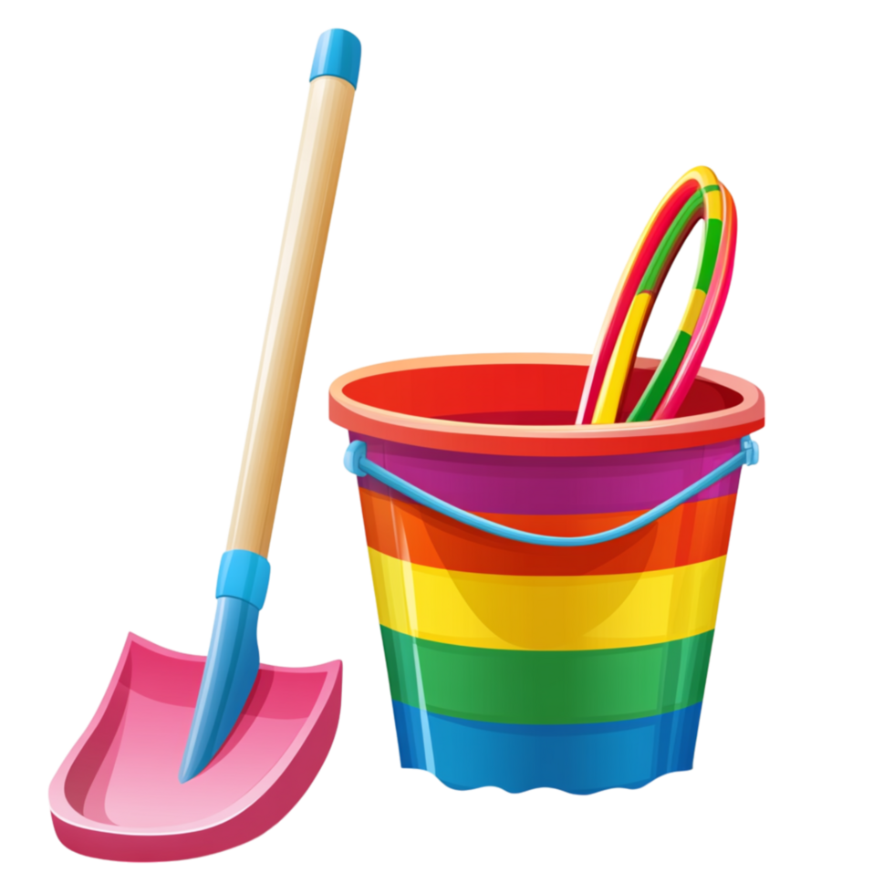 Multicolored Beach Toy Set with Rainbow Bucket and Shovel png
