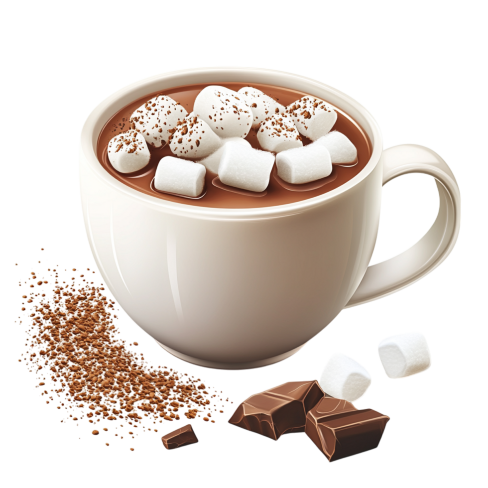 Delicious Hot Chocolate in White Cup with Marshmallows and Chocolate Pieces png