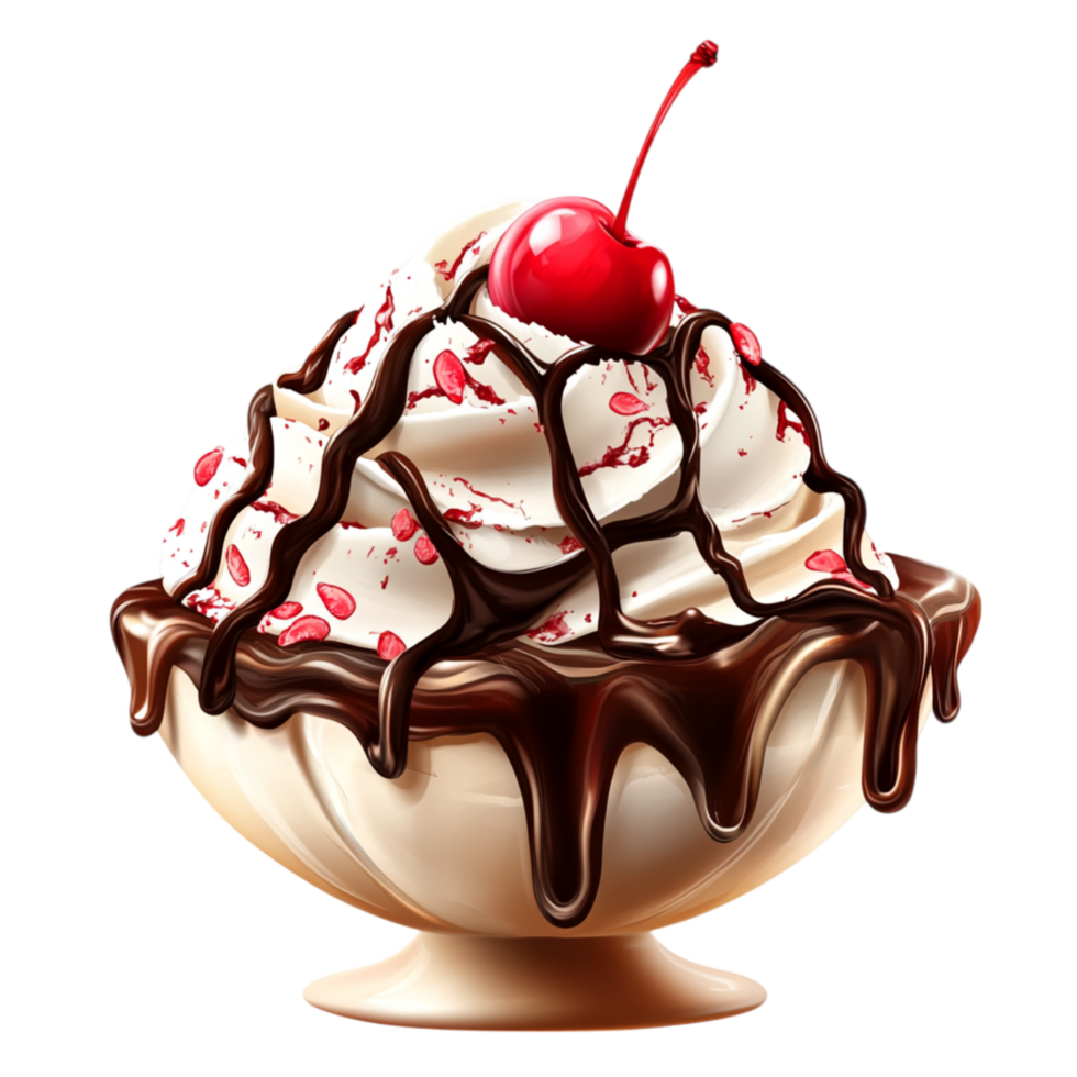Delicious Ice Cream Sundae with Chocolate Syrup and Cherry on Top png
