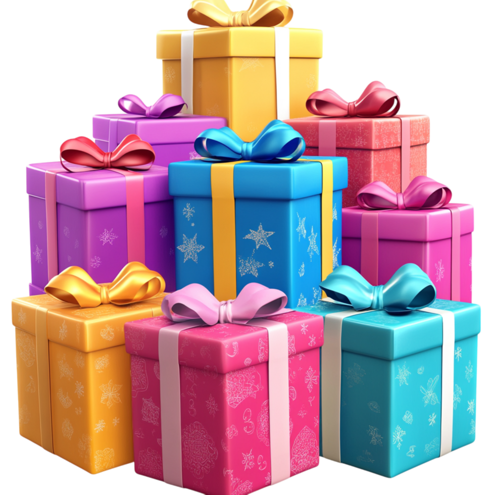 Tower of Wrapped Gift Boxes with Colorful Bows for Py and Holiday Theme png