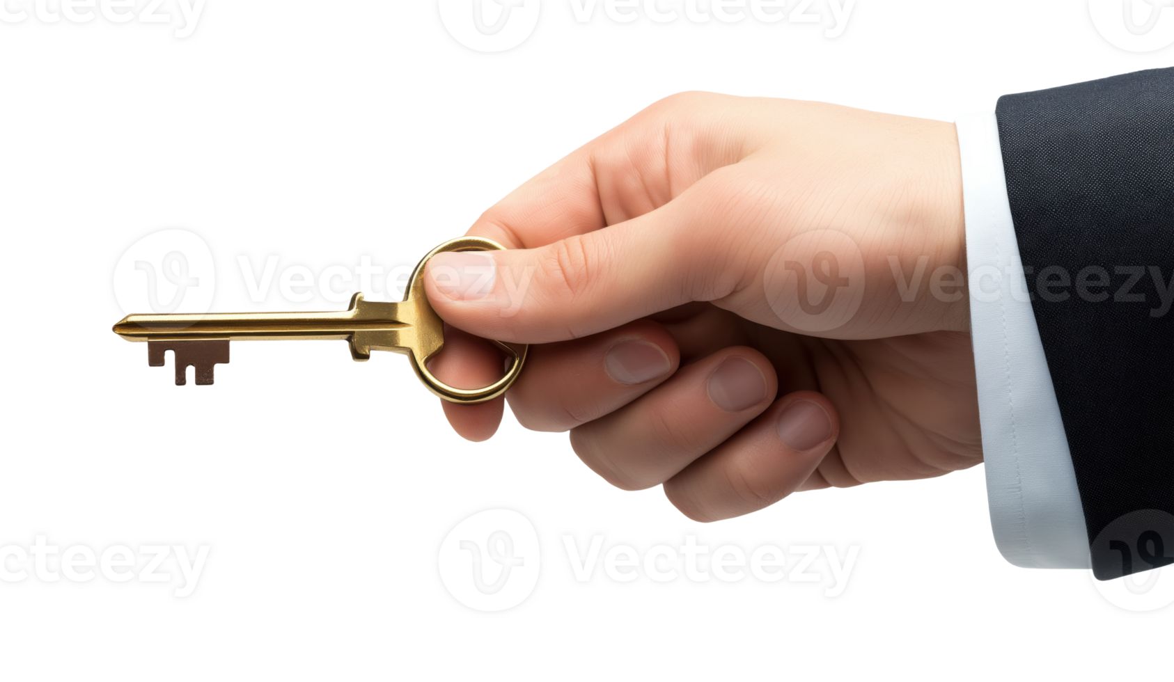 Businessman hand with golden key isolated on transparent background png