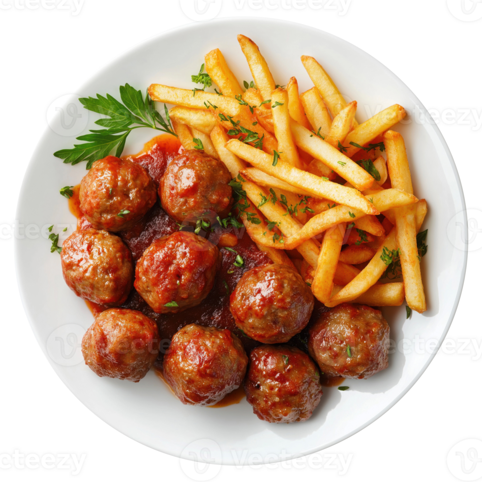 Plate of french fries and meatballs with a sauce, isolated on a transparent background png