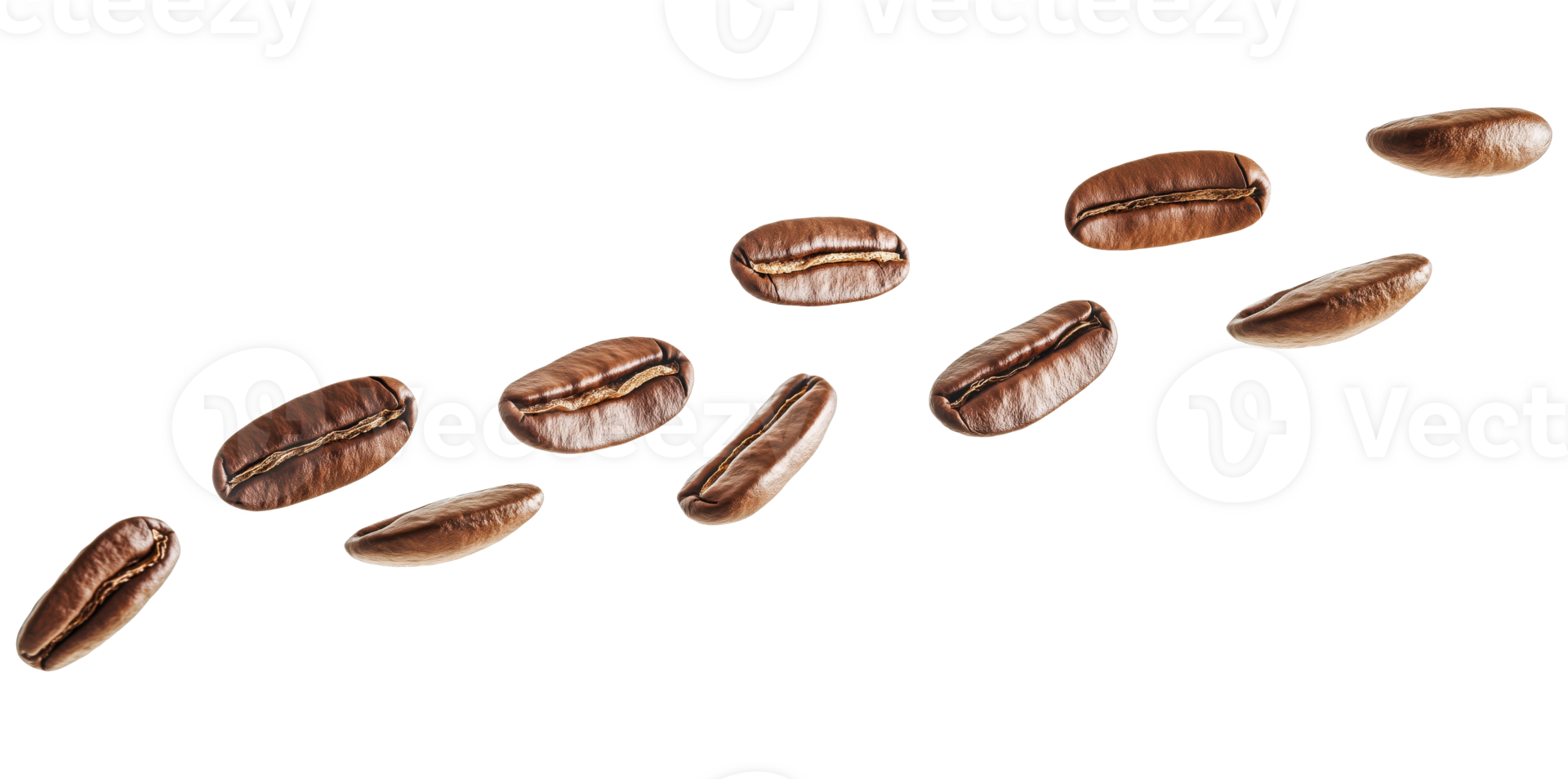 Flying roasted coffee beans, isolated on transparent background png
