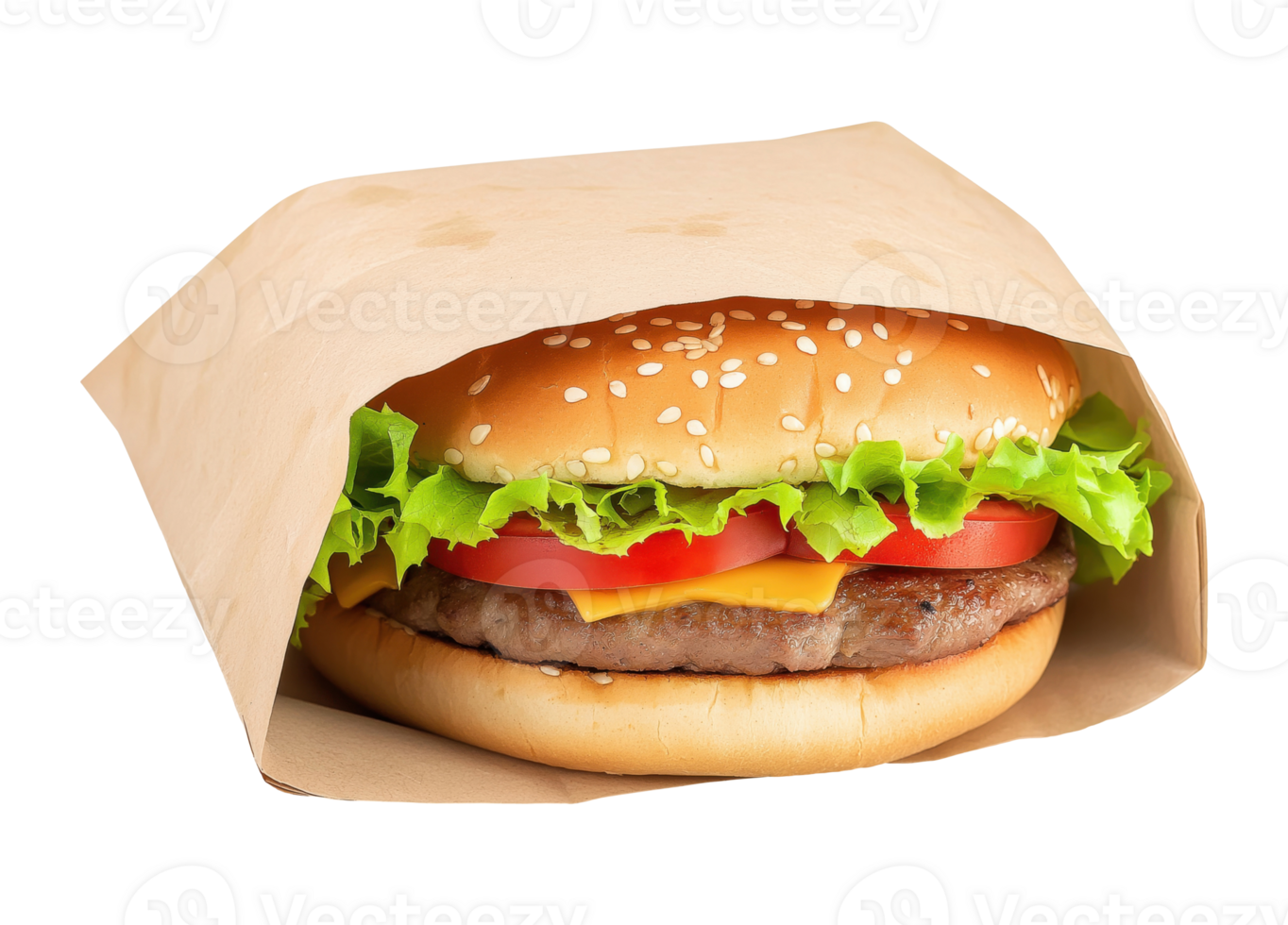 Cheeseburger in paper food bag isolated on transparent background png