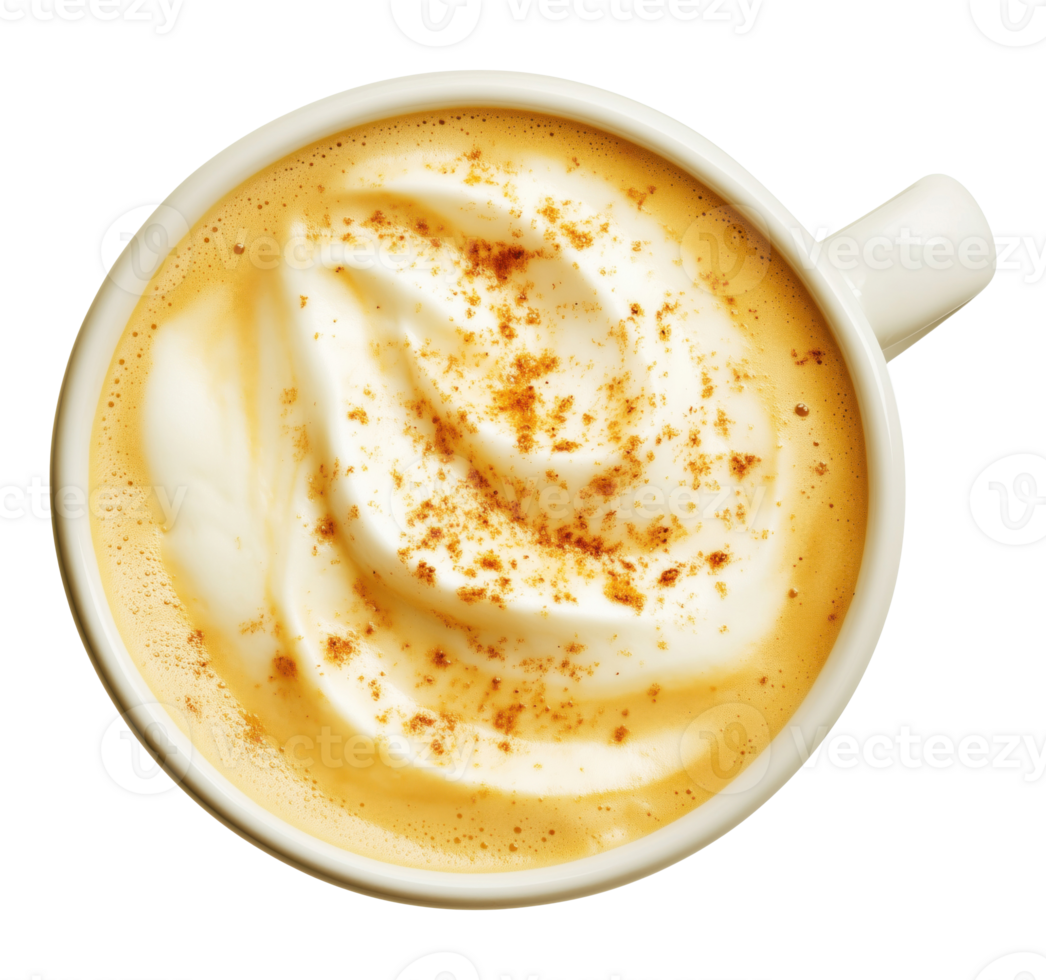 Cup with pumpkin latte with foam isolated on transparent background, top view png