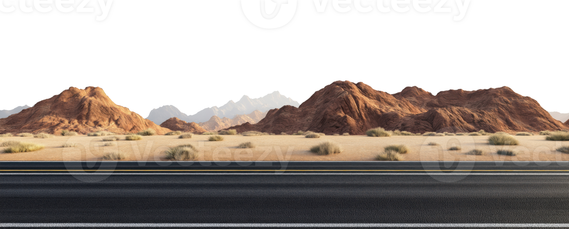 Asphalt road stretching across the desert, isolated on a transparent background png