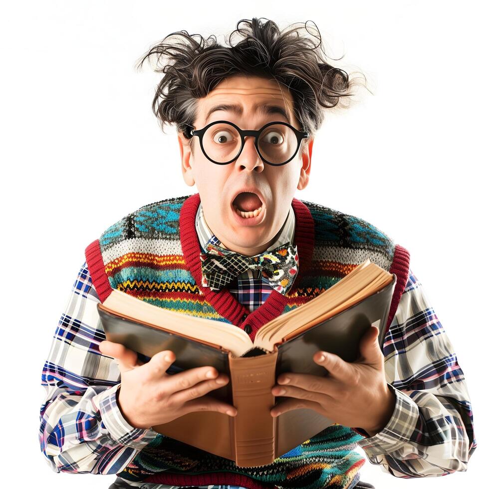 Funny Nerd with Thick Rimmed Glasses and Bowtie Wearing a Colorful Sweater Vest photo