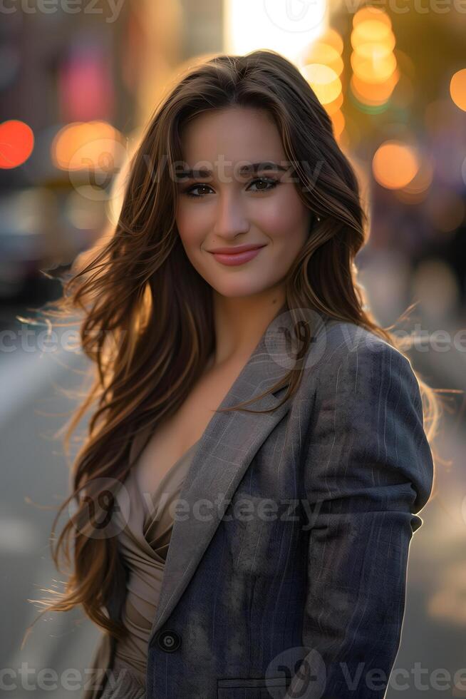 Gorgeous Young Woman Posing with Charm and Confidence in an Urban Setting photo