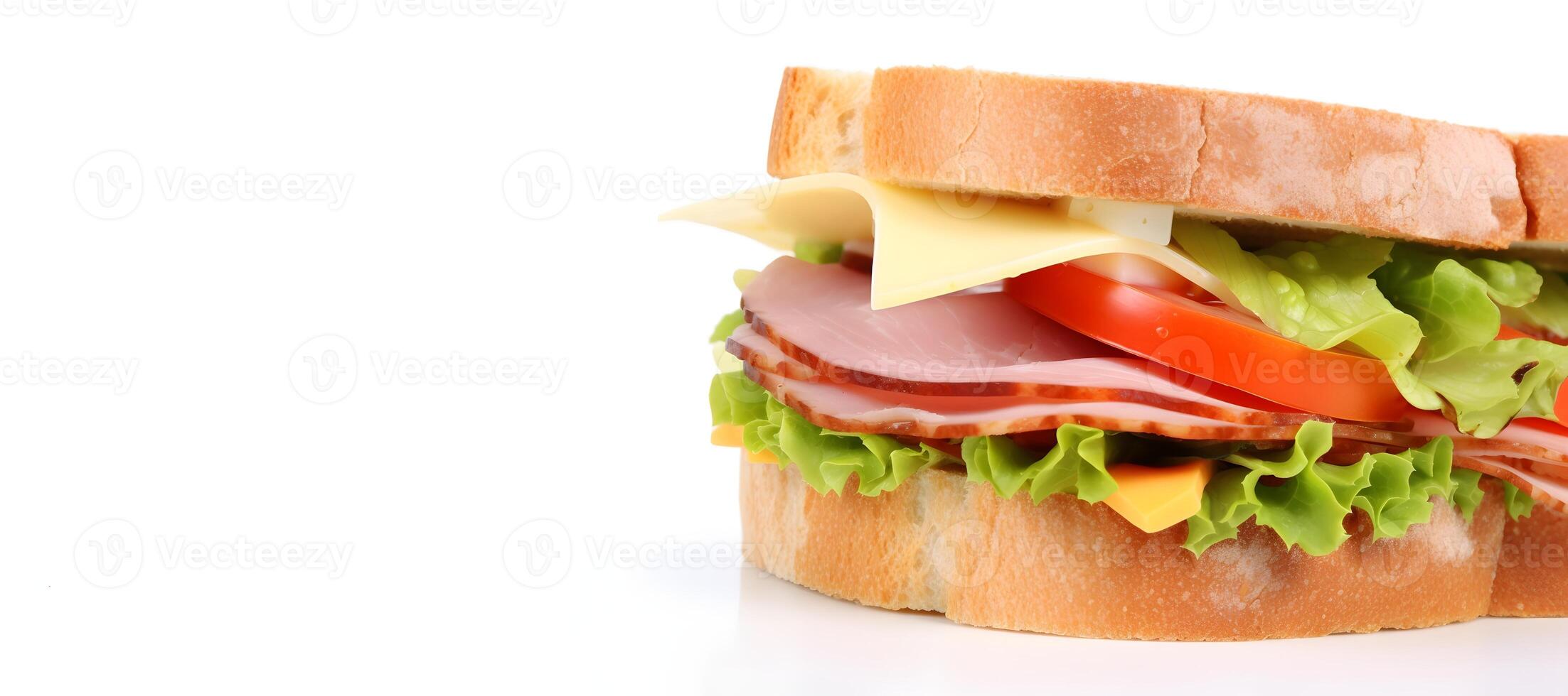 delicious sandwich with ham, crisp lettuce, and fresh vegetables, isolated on a white background photo