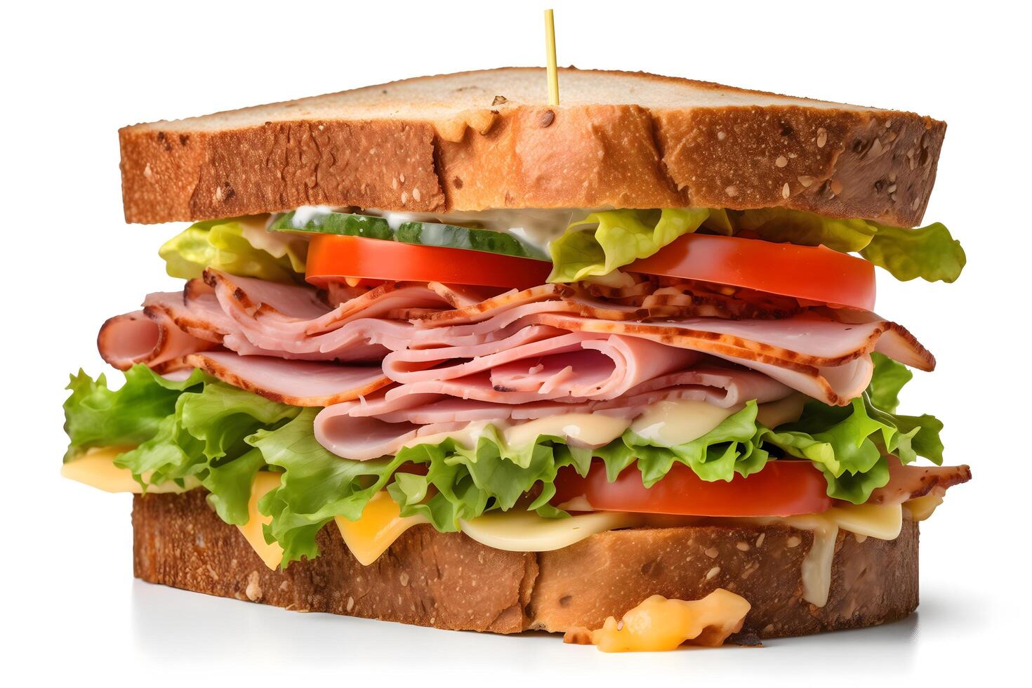 thick ham and vegetable sandwich, isolated on a bright white background, three-quarter front view photo
