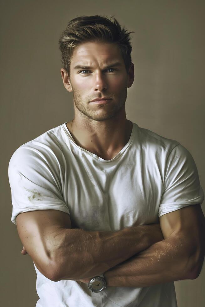 Detailed Professional Portrait of a Strong and Athletic Caucasian Man with Defined Facial Features photo