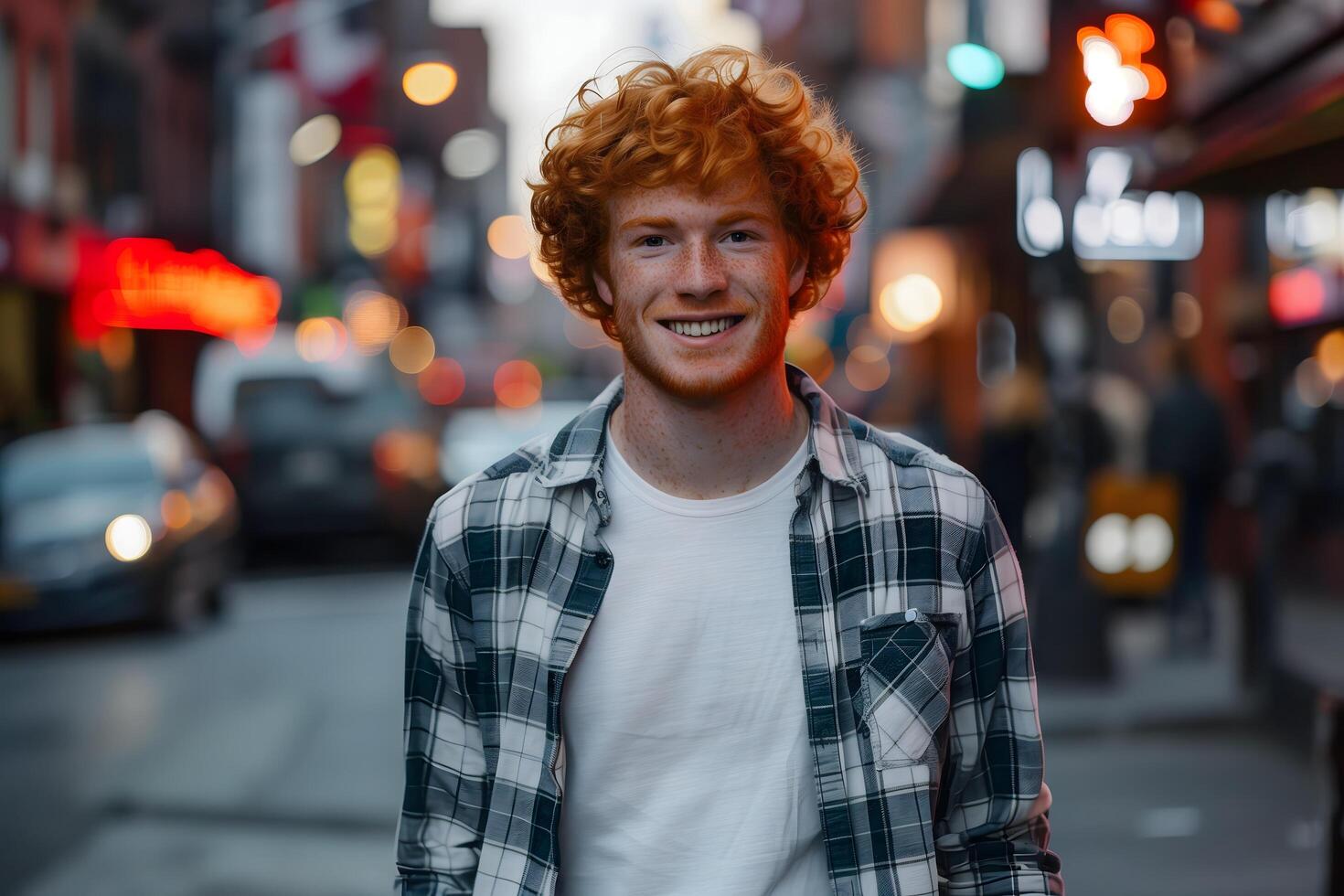 Charismatic Ginger Man Standing Casually on a Bustling City Street photo