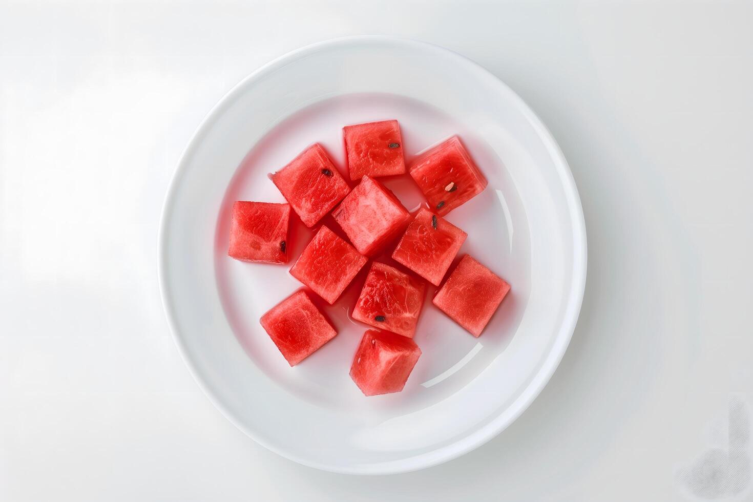 Top-Down View of Perfectly Cut Watermelon Cubes Neatly Arranged on a White Plate photo