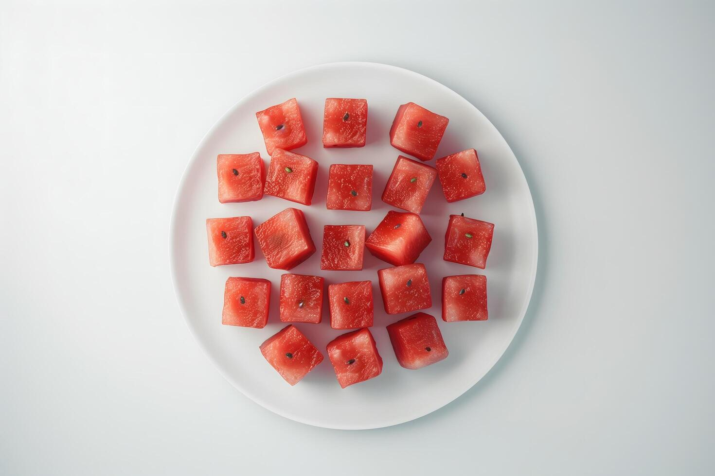 Bright and Refreshing Watermelon Cubes Artfully Scattered on a Minimalist White Background photo
