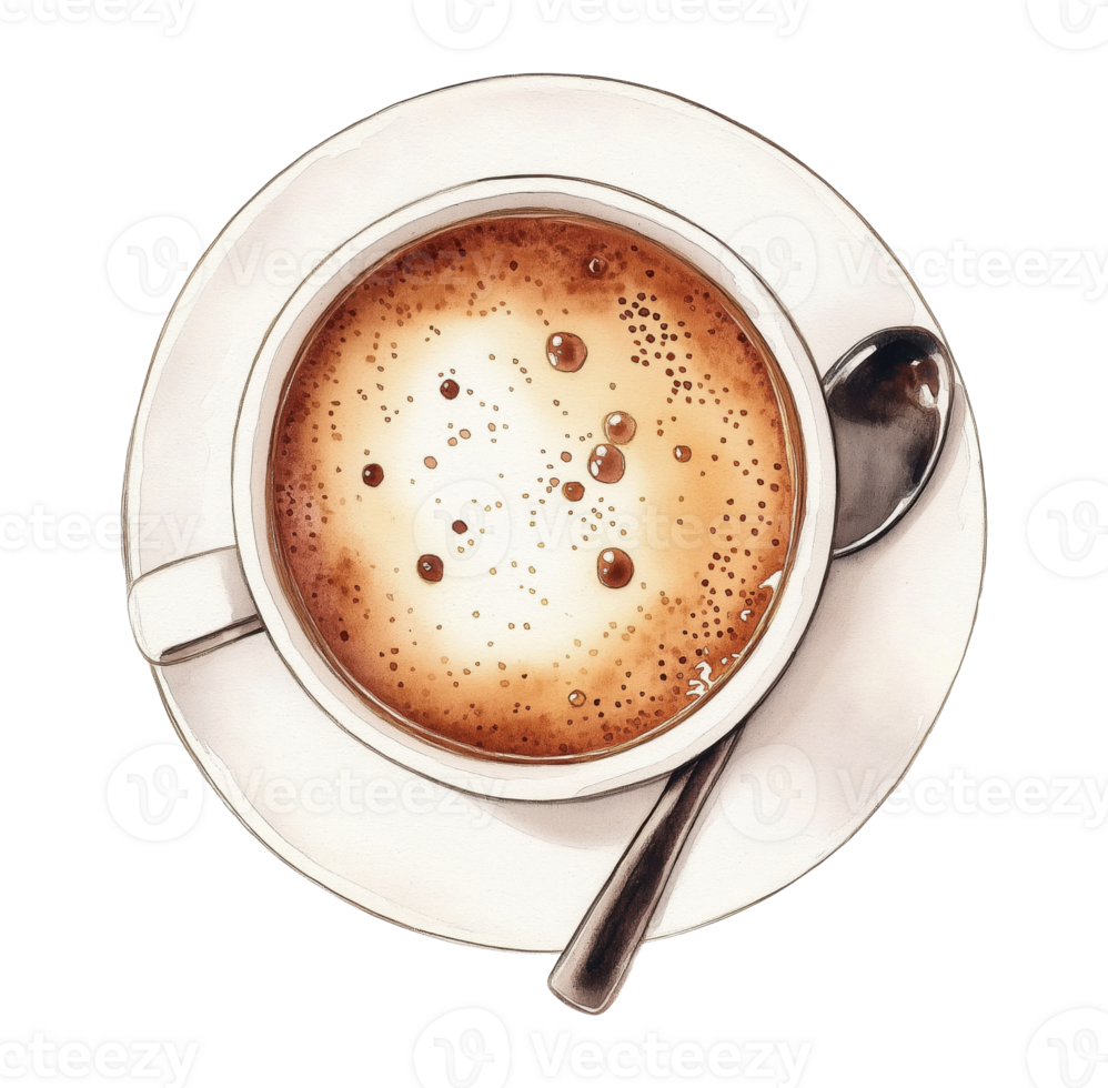 Illustration of a coffee cup and saucer with spoon, isolated on a transparent background, top view png