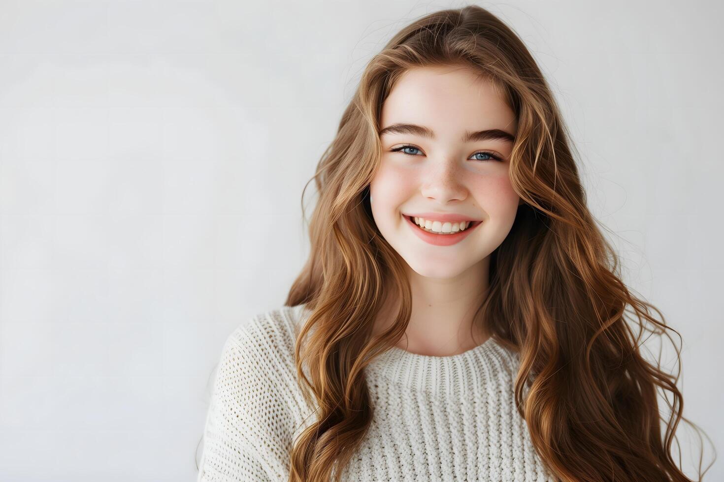 Cute Teenage Girl with a Bright and Genuine Smile on a White Backdrop photo