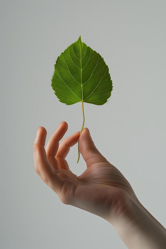 Minimalist and Realistic Composition of a Soft Hand Displaying a Fresh Green Leaf photo