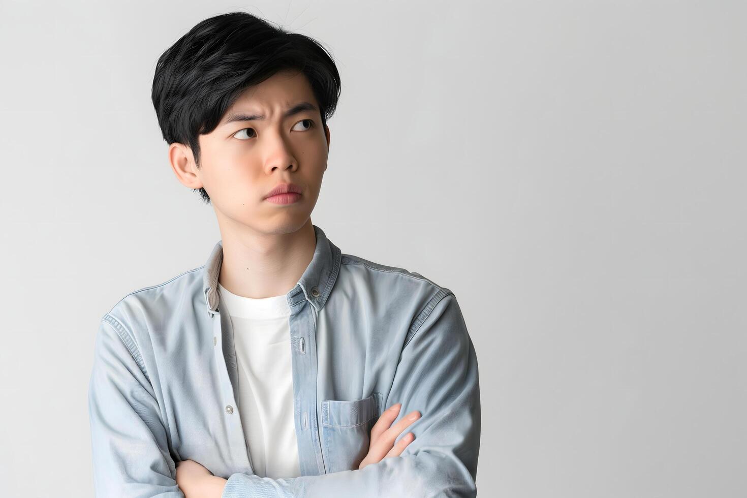 Thoughtful Young Asian Man Standing Confidently but Showing Signs of Uncertainty photo