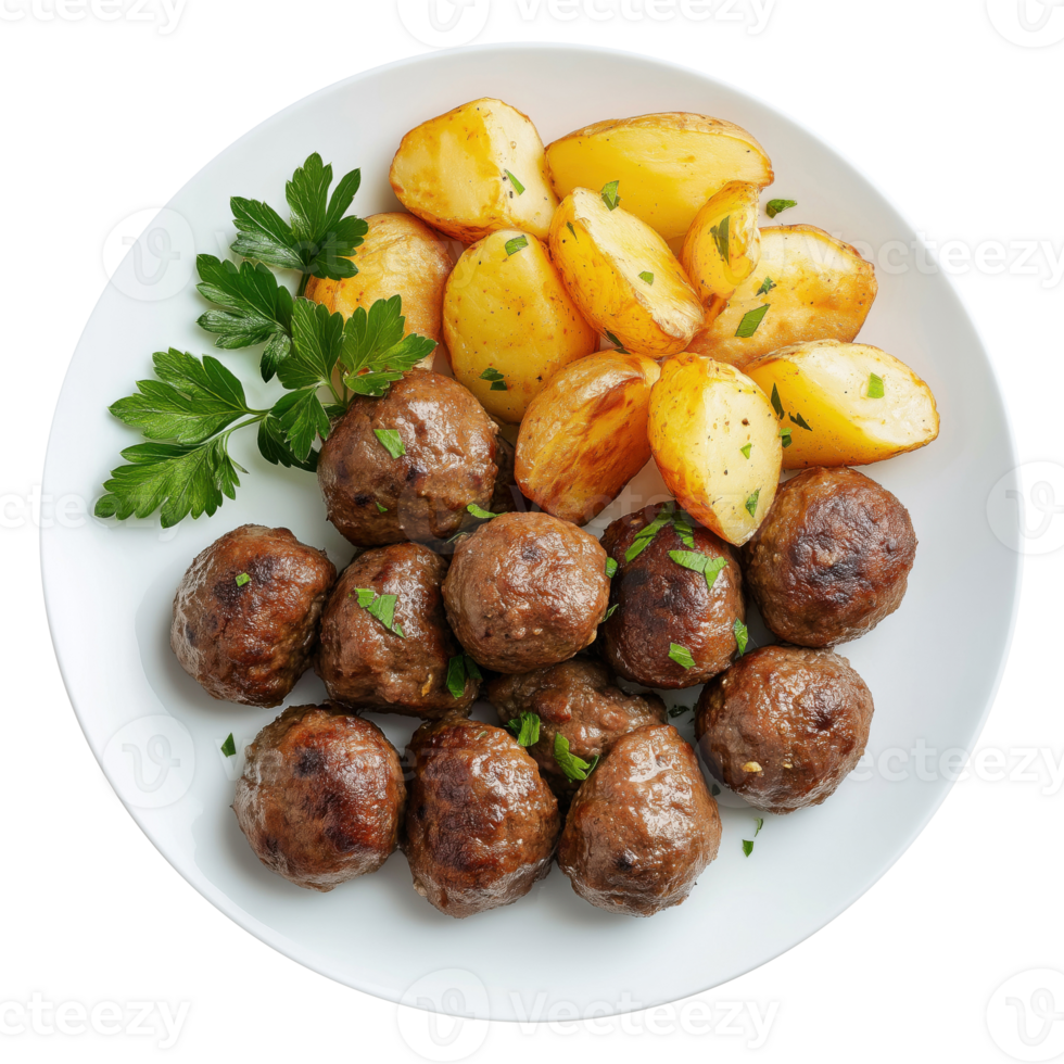 A plate of meatballs and potatoes with parsley, isolated on a transparent background png