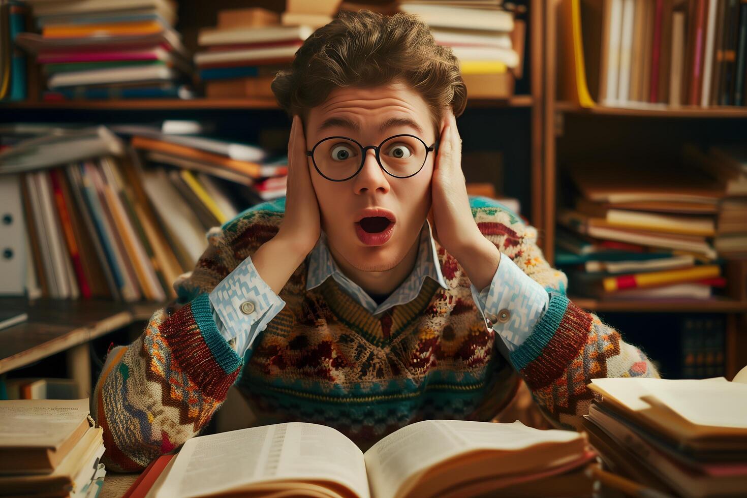 Nerdy Guy Sitting at a Desk with a Massive Dusty Book Looking Amused photo